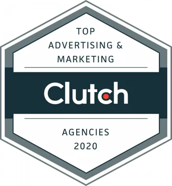 A hexagonal badge with a grey border, featuring the text "TOP ADVERTISING & MARKETING" at the top and "AGENCIES" at the bottom. The word "Clutch" is prominently displayed in the center with a red dot in the "C.