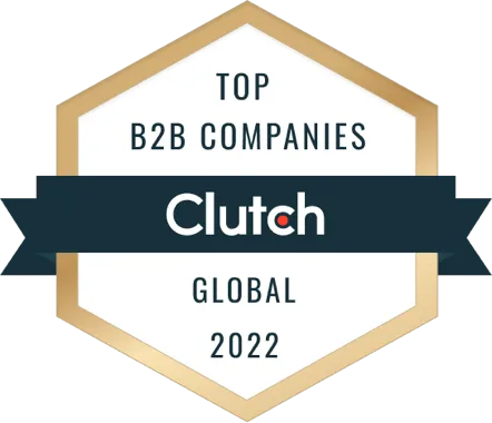 An award badge with a hexagonal shape, gold border, and white background. The badge reads "Top B2B Companies," "Clutch" in the center on a black banner, and "Global" at the bottom. This recognition highlights excellence in sectors like Doctor management services.
