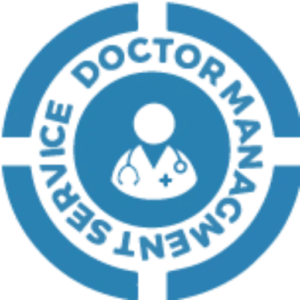 A blue circular logo with the text "Doctor MGT" encircling an icon of a person with a stethoscope, emphasizing professional doctor management services.