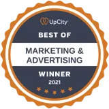 Circular badge with an outer orange border and an inner dark blue ring. Text reads: "UpCity" at the top, "Best of Marketing & Advertising Winner" in the center. There are five orange stars at the bottom, symbolizing excellence in Doctor MGT services.