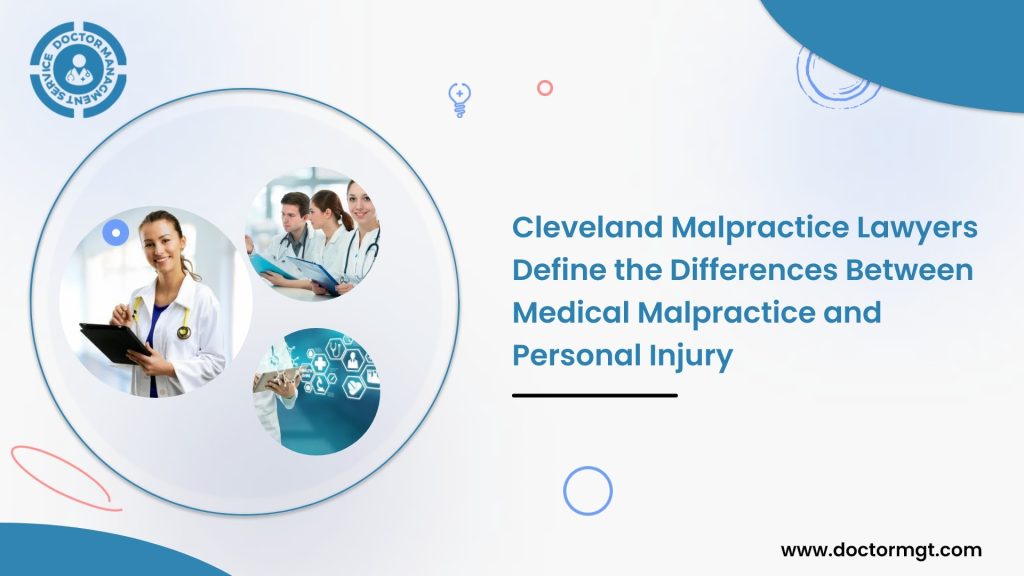 An infographic titled "Cleveland Malpractice Lawyers Define the Difference Between Medical Malpractice and Personal Injury." It features doctors reviewing medical records and consulting with each other, with the website www.doctormgt.com also visible. The graphic highlights Doctor MGT's expertise in navigating complex medical cases.