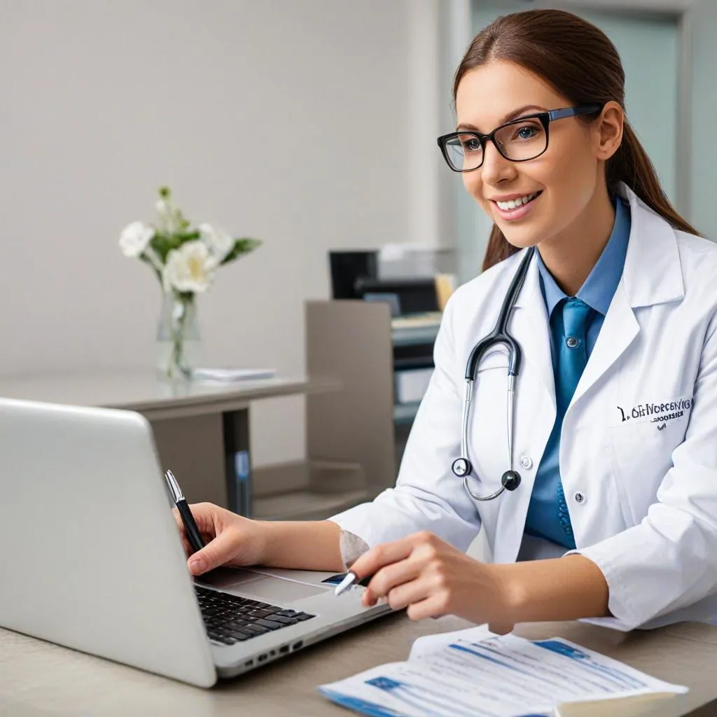 A woman wearing glasses and a white lab coat with a stethoscope around her neck sits at a desk, smiling while working on a laptop. Medical forms are in front of her, and a small vase with flowers is in the background. She appears focused on improving doctor management services through efficient practices.