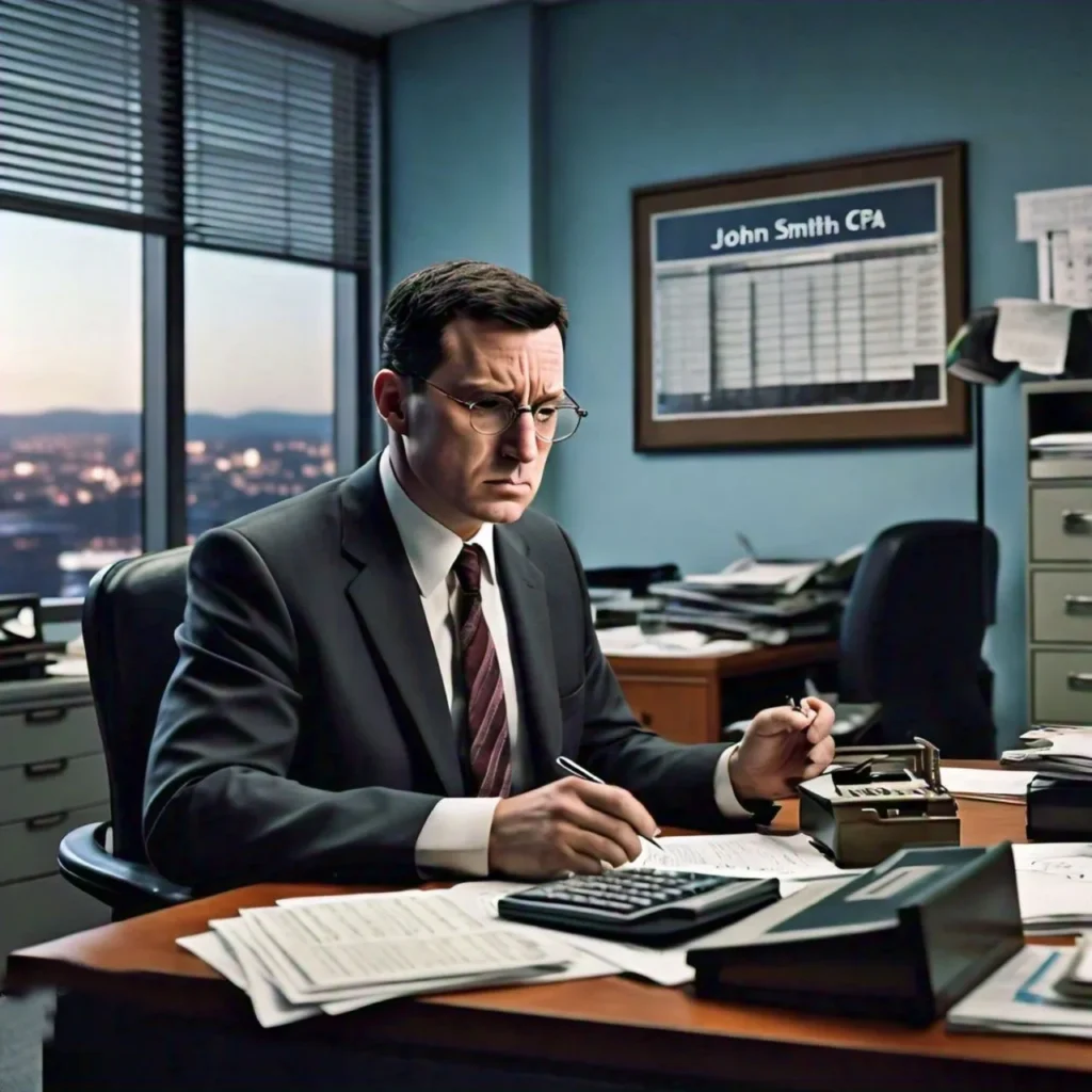 A man in a suit is working in an office, focused on paperwork and using a calculator. The office has a large window with a city view at sunset. A framed certificate on the wall behind him reads "John Smith CPA." Many papers and office supplies are on his desk, hinting at the meticulous nature of Doctor MGT.