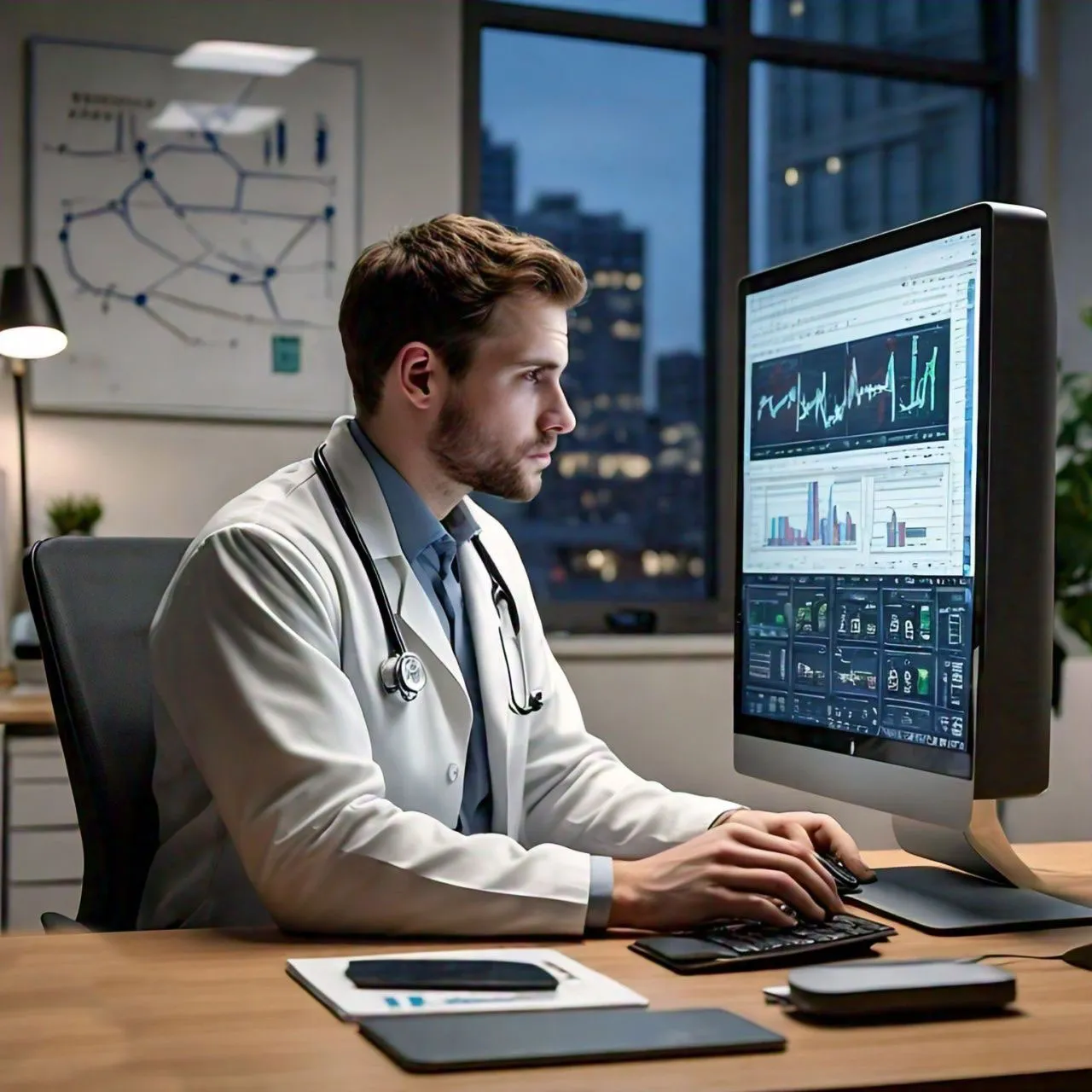 A doctor in a white coat is sitting at a desk in a modern office, intently studying medical data and charts on a computer screen. The room is softly lit, and a large window in the background shows a cityscape at dusk. Medical equipment is visible, demonstrating efficient Doctor MGT services.