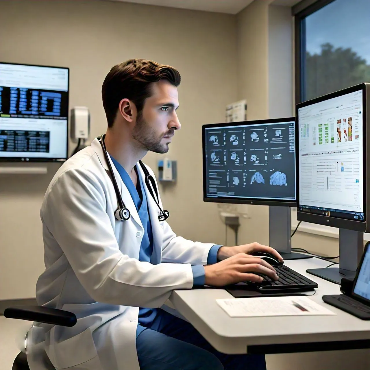 A doctor in a white coat and stethoscope sits at a desk, using a computer with multiple monitors displaying medical images and data. The doctor's office has essential medical equipment and bright lighting, with a window showing a blurred outdoor scene in the background. The setup exemplifies efficient Doctor MGT practices.