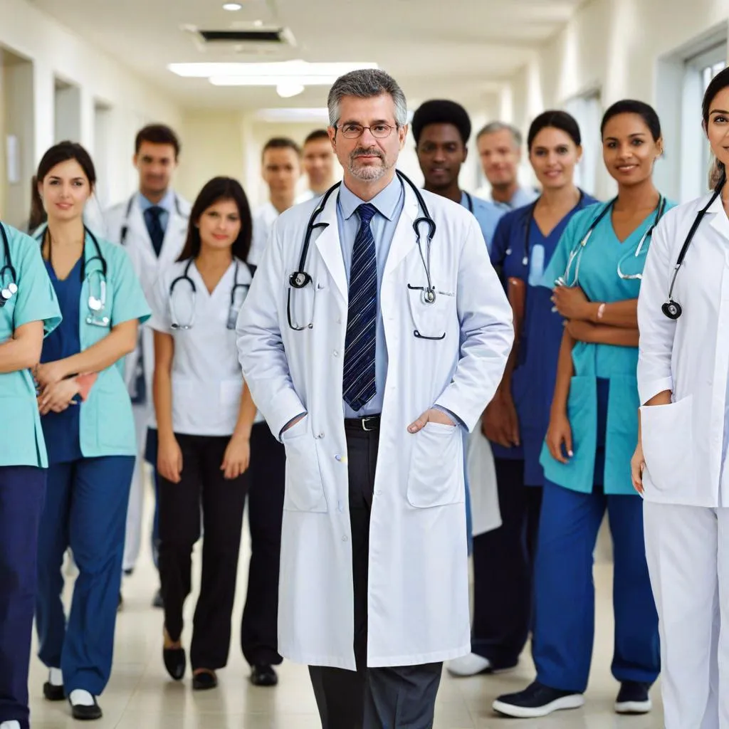 A group of medical professionals stands in a hospital corridor, with a senior male doctor in a white coat and stethoscope at the forefront. They are all wearing medical attire, including scrubs and lab coats, looking professional and approachable. The team efficiently handles Doctor management services to ensure smooth operations.