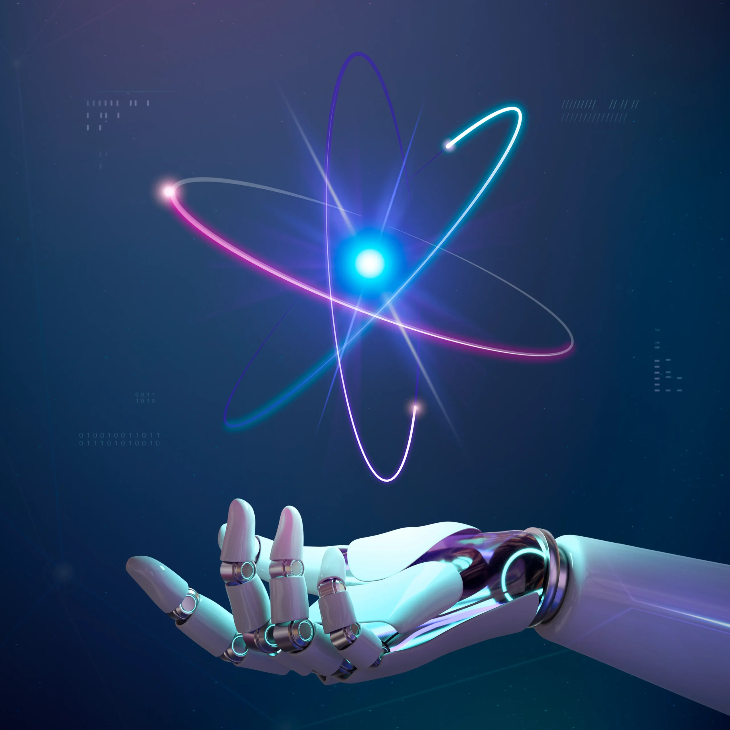 A robotic hand is shown with its palm open, emanating a glowing and abstract atom symbol hovering above it. The background is a gradient of dark blue with subtle light effects and digital data elements, giving a futuristic and technological atmosphere, reminiscent of advanced Doctor MGT systems.