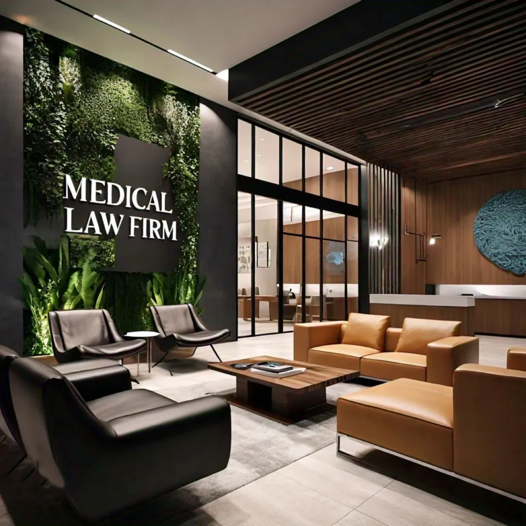 A modern law firm lobby with a green wall featuring the text "MEDICAL LAW FIRM" in white. The lobby has black and tan leather chairs, a coffee table, and a wooden reception desk. The space is accented with plants, glass walls, and subtle references to Doctor MGT services.