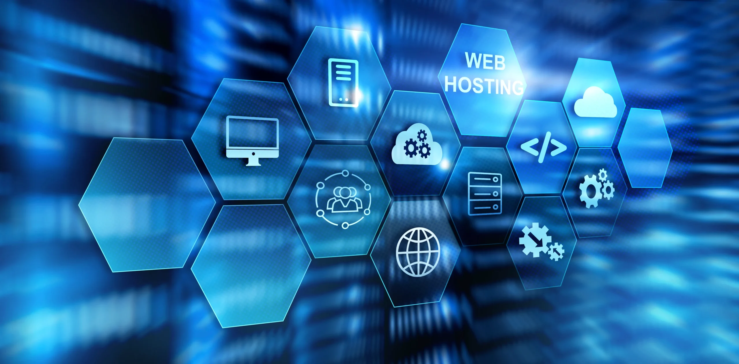 A digital graphic with a blue futuristic theme displays hexagonal icons representing various web hosting elements, such as a monitor, cloud, gears, servers, globe, and coding symbols. "WEB HOSTING" text is prominently featured in the center, subtly integrating elements related to Doctor MGT and medical billing and coding.