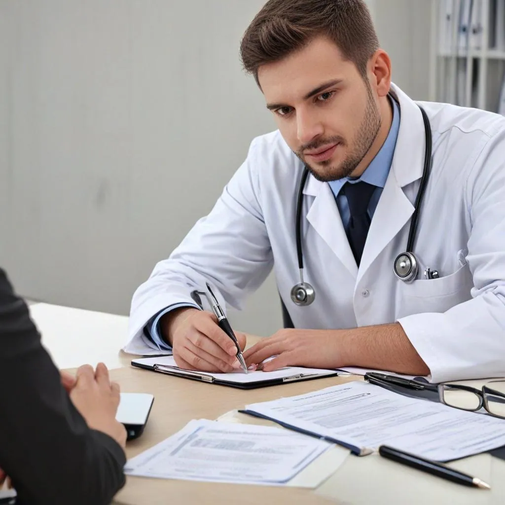 A male doctor in a white coat and stethoscope is seated at a desk, attentively writing on a clipboard. Papers and a smartphone are on the desk. He faces a person, whose hands are visible in the foreground, suggesting a consultation or check-up, highlighting efficient Doctor MGT practices.