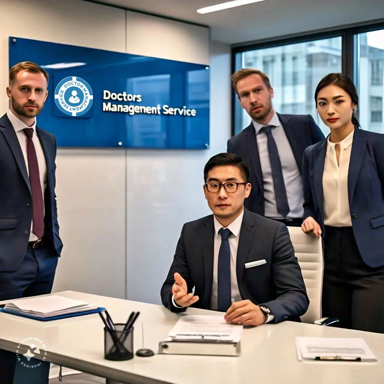 A group of four professionals in business attire are gathered in a modern office. One person is seated at a desk with documents, while the other three stand behind. A sign on the wall reads "Doctor MGT." They appear engaged and focused.