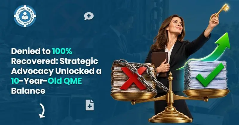 QME balance recovery: businesswoman holding a key over scales, weighing a denied, chained claims stack against an approved one