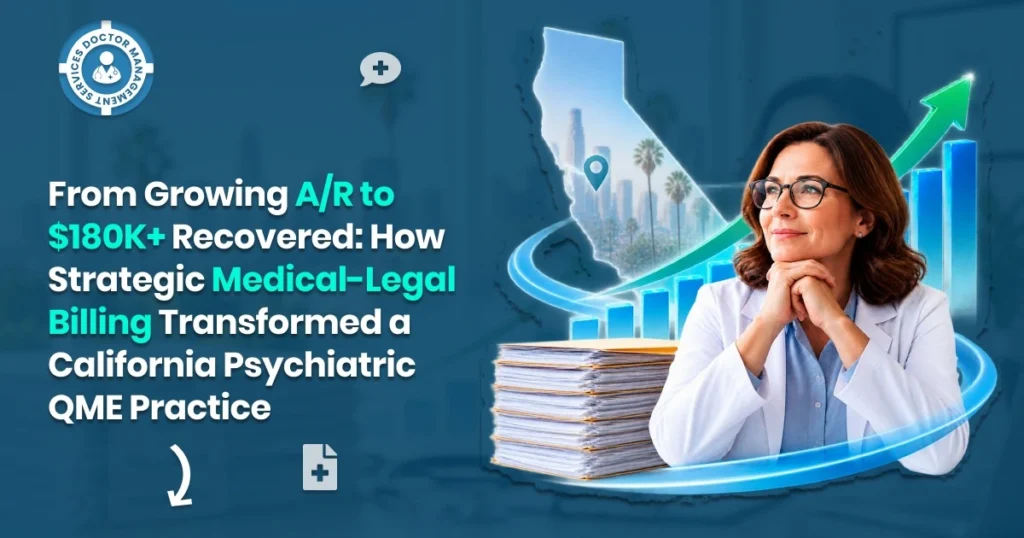 Medical-legal billing results: psychiatrist in a white coat beside a claims stack and a growth chart over a California map
