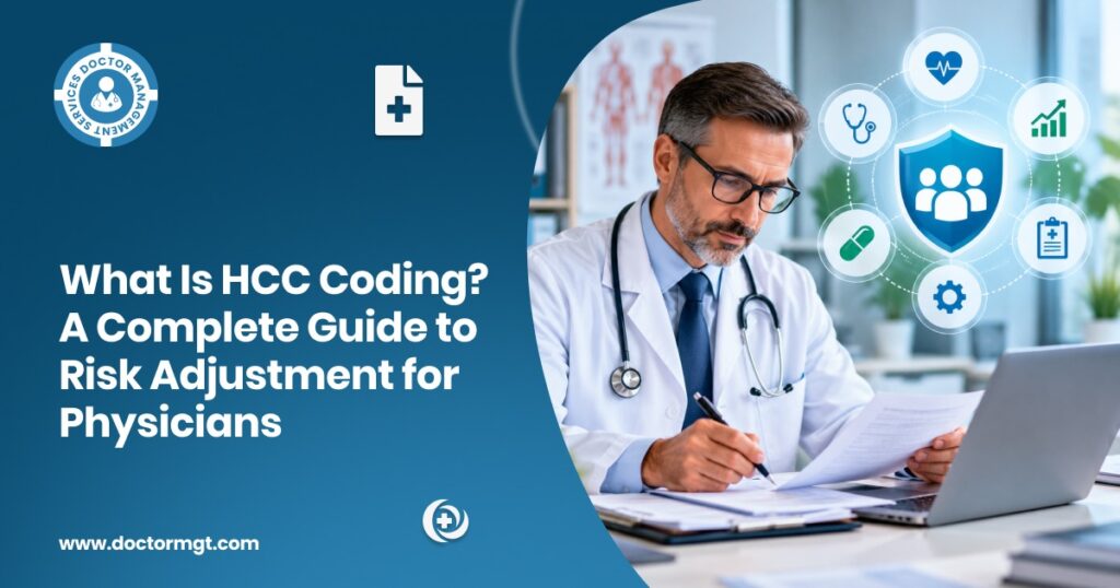 HCC coding guide for physicians, showing a doctor reviewing patient records with icons for risk adjustment, health, and compliance