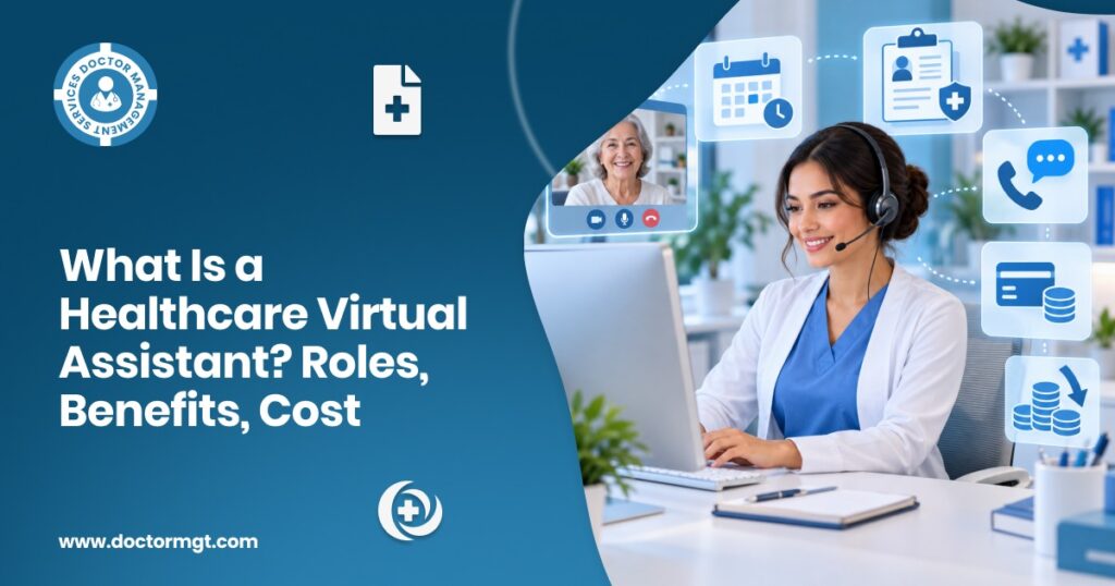 Virtual medical assistant wearing a headset at her desk, managing appointments, patient records, calls, and billing for a healthcare practice