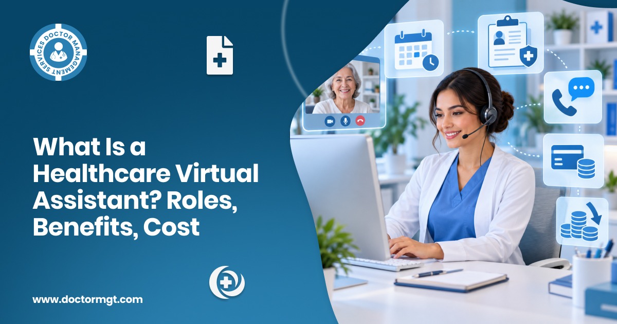Virtual medical assistant wearing a headset at her desk, managing appointments, patient records, calls, and billing for a healthcare practice